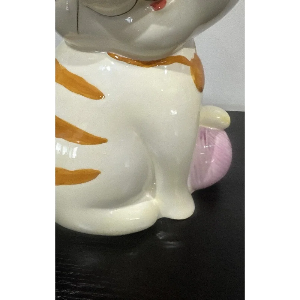 Ceramic Winking Striped Cat Piggy Bank Kitty Kitten Flower Yarn 12